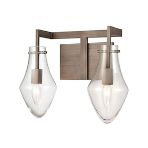 Transitional Two Light Vanity Light Fixture with Tear Drop Shades-Exposed Bulbs-Straight Arm-Rectangular Back Plate - 933916