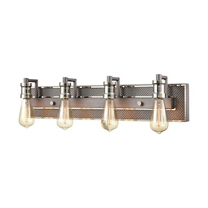 Four Light Steampunk Vanity Light Fixture - Farmhouse Bathroom Light with Exposed Bulb and Rectangular Backplate - 933801