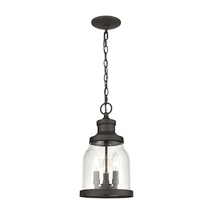 Bell Shaped Three Light Outdoor Pendant Inspired By Historic Hanging Lanterns - Exposed Bulb Outdoor Ceiling Light