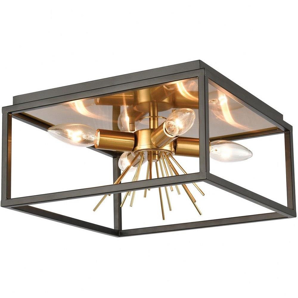 Bailey Street Home 2499-BEL-3826927 4-Light Square Shape Flush Mount with Mini Starburst Accent in Matte Black Frame with Burnished Brass Reflector 12 inches W x 6 inches H