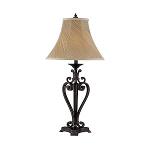 1 Light Traditional Table Lamp with Ornate Scroll Caged Dark Bronzed Base and a Bell Shaped Cream Softback Fabric Shade-3 Way Switch