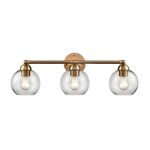 Mid Century Modern 3 Light Bathroom Vanity with Exposed Bulbs in Glass Globes on Round Backplate 29 inches W x 9 inches H - 1241442