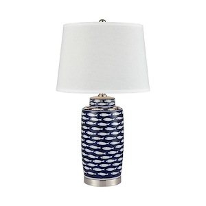 Navy Blue Table Lamp with White Fish Pattern with White Shade made of Ceramic-Metal in a Blue finish