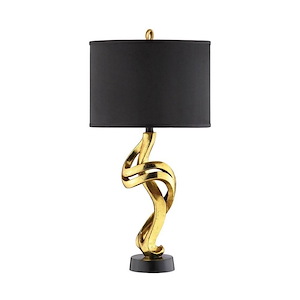 Curvy Gold Finish Table Lamp with Round Black Base with Black Fabric Drum Shade made of Polyresin in a Gold finish