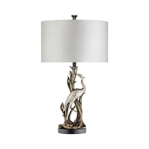 Table Lamp with Polished Chrome Sculpted Heron Gold Cattail Accentwith Ivory Silk Drum Shade 18 inches W x 31 inches H