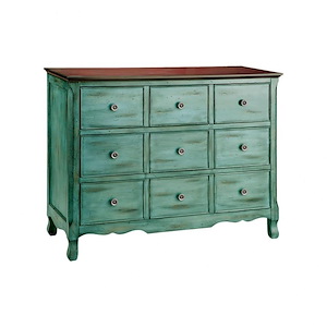 Apothecary Inspired Aged Blue 9 Drawer Triple Dresser in Aged Blue/Moonstone/Wood Tone Finish-Made of Birch/Mdf-Horizontal Triple Dresser