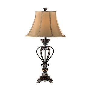1 Light Traditional Table Lamp with Ornate Scroll Caged Base and a Bell Shaped Softback Fabric Shade-3 Way Switch