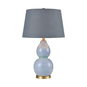 Blue Glaze/Matte Brushed Gold Table Lamp Made Of Earthenware/Metal With A Blue Linen Fabric Shade With A 3-Way Switch - 975333