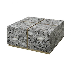 Modern Stone-Look Glass Coffee Table in Gray Agate Finish with Wooden Block-Style Base 32.75 inches W and 16 inches H