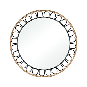 Coastal Farmhouse Round Mirror in Natural Wood Finish with Rattan and Metal Combination Frame 26 inches W x 26 inches H - 1241652