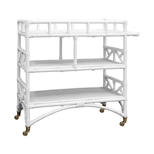 Coastal Style High-Quality Natural Bamboo Bookcase in White Finish with Brass Wheeled Base 36 W x 32 H x 16 D