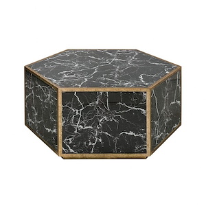 Hexagonal Black Marble Indoor Coffee Table in Gold Leaf Finish with Block Type Base 34.5 inches W and 16 inches H - 1241703