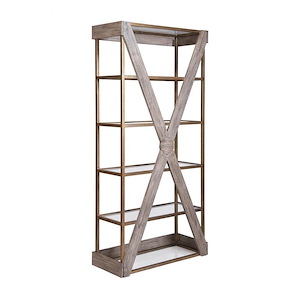 Modern Farmhouse Inspirations Metal and Wood Bookcase in Gold and Natural Finish with Custom-Designed Metalwork 38 W x 80 H x 16 D