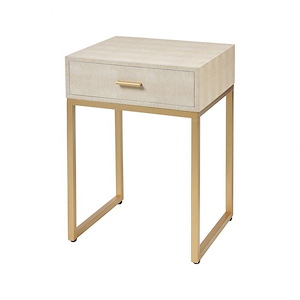1 Drawer Faux Shagreen Indoor Accent Table in Cream and Soft Gold Finish with Metal Sled Base 16 inches W and 24 inches H