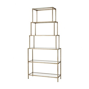 Luxe/Glam Tempered Glass Shelves and Brushed Gold Metal Frame Bookcase with Five-Tier Shelves 36 W x 81 H x 12 D