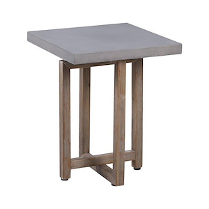 Modern Polished Concrete Accent Table in Gray Finish with Trestle Type Wood Base 17.75 inches W and 21.75 inches H