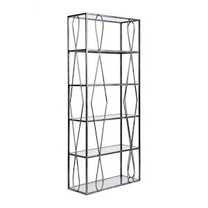 Modern Clear Glass and Metal Three adjustable Shelving Unit in Graphite Finish Black Metal Frame 36 W x 84 H x 14 D