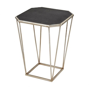 Octagonal Leather Top Indoor Accent Table in Antique Silver and Black with Metal Frame Base 13.98 inches W and 18.5 inches H