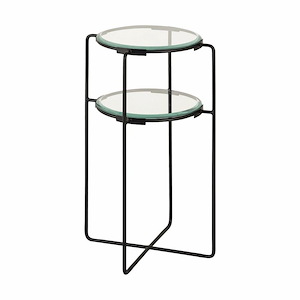 2-Tier Clear Glass Table Top and Shelf in Black Powder Coat with Metal Cross Legs 14 inches W and 24 inches H