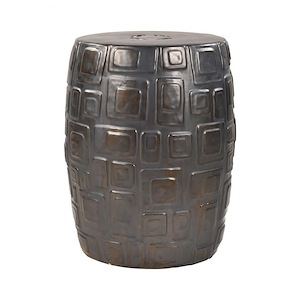 Midcentury Inspired Dark Bronze Glaze Earthenware Stool in Black Finish with Drum Shaped Design 14 W x 18 H x 14 D