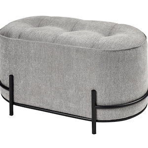 Modern Oval Shape Design with Iron Base Ottoman in Black Finish with Tufted Grey Velvet Upholster 32 W x 18.25 H x 18.25 D