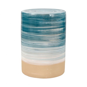 Coastal Inspired Earthenware Stool in Hand-applied Blue and White Glaze Finish with Drum Shaped Design 13 W x 18 H x 13 D