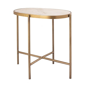 Modern Marble Top Oval Side Table in Antique Brass and White Finish with 4 Legs and Iron Frame 19 inches W x 20 inches H