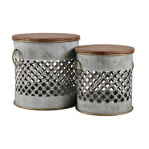 Set of 2 Wooden Stool with  Open Mesh Form Whitewashed Galvanized Metal Bases with Removable Seat 18 W x 18 H x 18 D