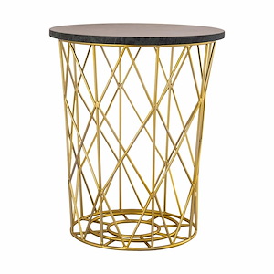 Modern Open Wire Work Design Round Side Table in Gold Finish with Drum Shaped Base 14 inches W x 16 inches H