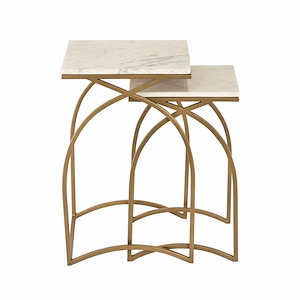 Set of 2 White Marble Top Nesting Tables in Gold and White Finish with Arched Frame Base 14 inches W x 22 inches H