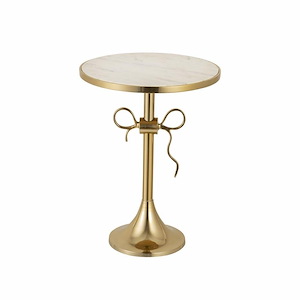 Decorative Round White Marble Top Accent Table in Gold Finish with Pedestal Base 16 inches W and 21 inches H