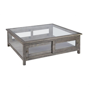 2-Door Storage Handcrafted Wood and Glass Coffee Table in Grey Washed Wood with Wood Frame and Legs 48 inches W and 17 inches H - 1242809