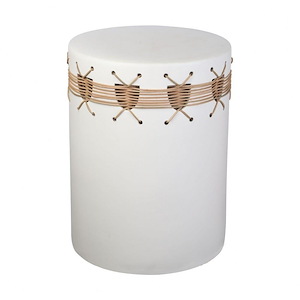 Drum Shape Stool with Cut Out Handles on its Sides in Aged White Finish with Natural Woven Detailing 13 W x 17 H x 13 D