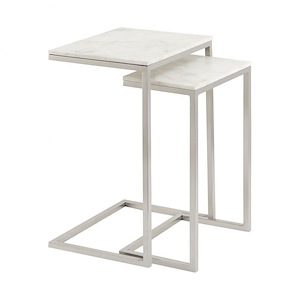 Modern Set of 2 Marble Top Side Table in Polished Nickel Finish with C Shaped Nesting Design 18 inches W x 27 inches H