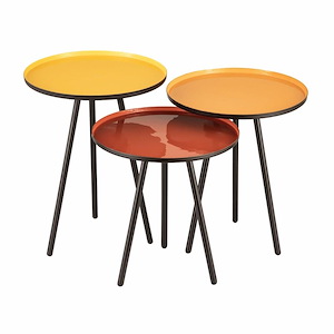Set of 3 Modern Metal Top Accent Table in Yellow Orange and Red Enamel with Iron Tripod Legs 16 inches W and 21 inches H