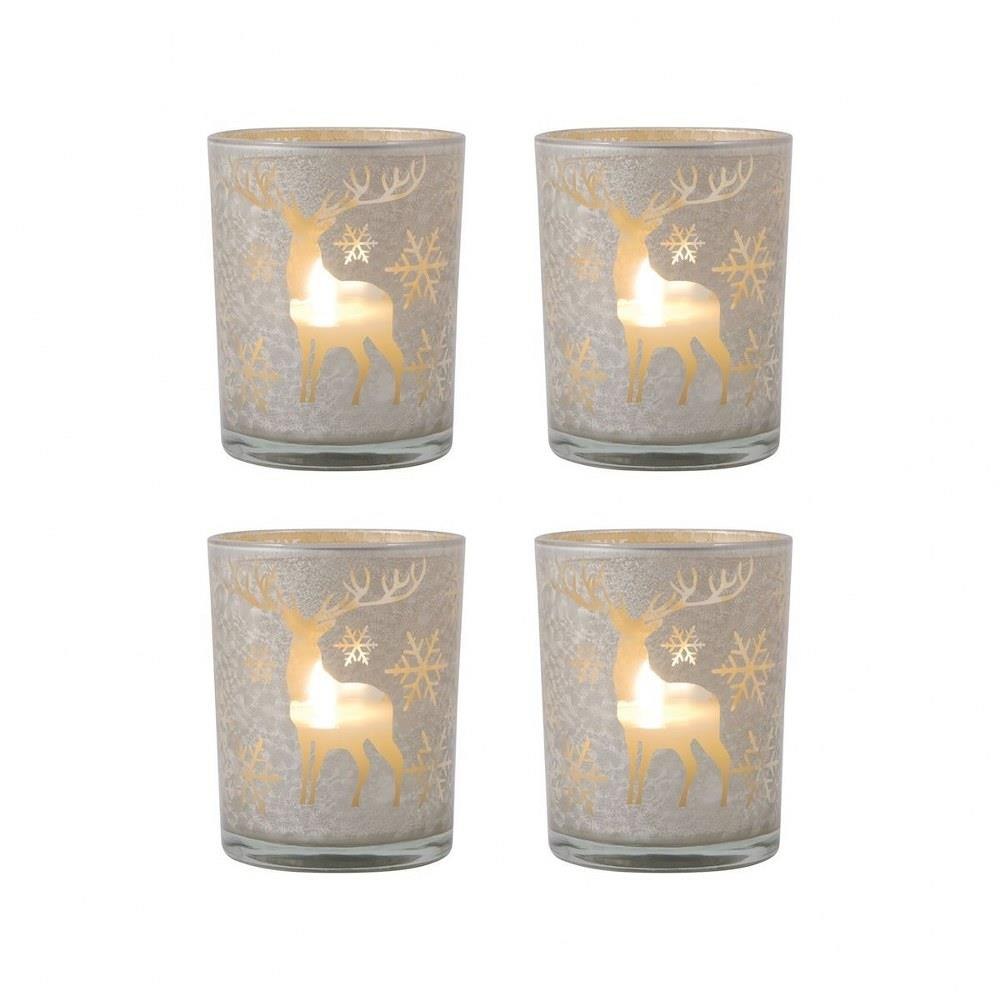 Bailey Street Home 2499-BEL-4548699 Reindeer and Snowflake 5 Inch Holiday Pillar Candle Holder (Set of 4) - Silver Christmas Candle Holder Decor