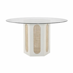 Round Clear Glass Top with Woven Rattan Panels in White and Natural Finish with Hexagonal Wooden Base 54 inches W x 30 inches H