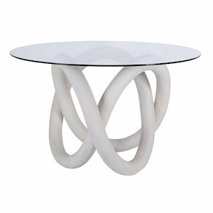 Modern Sculptural Wood Design and Clear Round Top Dining Table in Natural Finish Knot Shape Base 54 inches W x 29 inches H