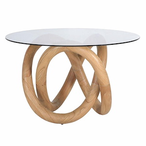 Modern Sculptural Wood Design and Clear Round Top Dining Table in Natural Finish Knot Shape Base 54 inches W x 29 inches H