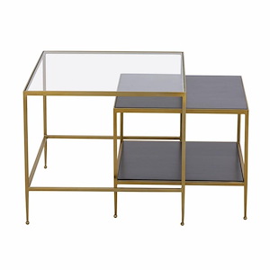 Set of 2 Clear Glass Top and Dark Mahogany Wood Top Nesting Tables with Brass Tone Metal Base 23 inches W x 24 inches H - 1244381