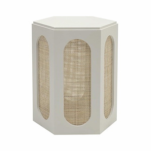 Hexagonal Shape Accent Table in Shoji White and Natural Finish with Woven Rattan Panels 20 inches W and 24 inches H