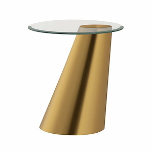 Modern Round Glass Top Accent Table in Antique Brass Finish with Metal Conical base 17 inches W and 18 inches H