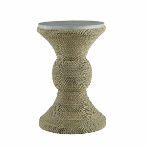 Tapered Spindle Shape and Marble Laminate Top Accent Table in Whitewash with Natural Woven Rope 14 inches W and 22.25 inches H - 1244573