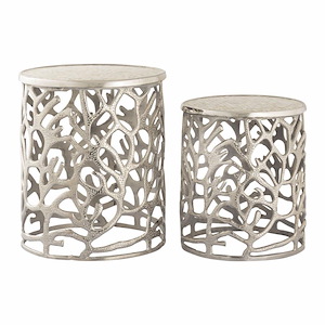 Set of 2 Metal Drum-Shaped Cylinders Accent Table in Silver Finish with Open Abstract Frame 16.5 inches W and 19.5 inches H