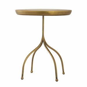 Modern Round Metal Top Accent Table in Antique Brass Finish with Slender Metal Base 13.5 inches W and 16 inches H