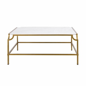 Notch Corners and White Marble Top Square Coffee Table in White and Brass with Four Metal Legs 42 inches W and 18 inches H