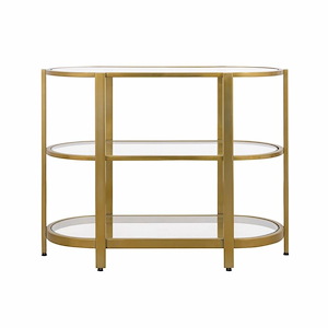 3-Tier Oval Shape Tempered Glass Shelves Console Table in Brass Finish with Open Metal Frame 40 inches W and 31 inches H