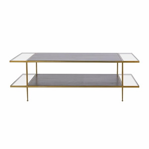 Two-Tier Wood Top and Glass Panels Rectangular Coffee Table in Dark Mahogany with Metal Frames in Brass 56 inches W and 18 inches H