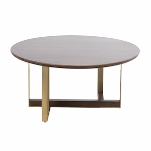 Beveled Wood Top Low Round Coffee Table in Mahogany and Brass Finish with Metal Bar Base 36 inches W and 17.5 inches H