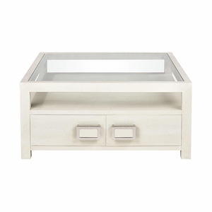 Clear Glass Top with Two-Door Storage Table in Weathered White Finish with Lower Shelf 36 inches W and 17 inches H